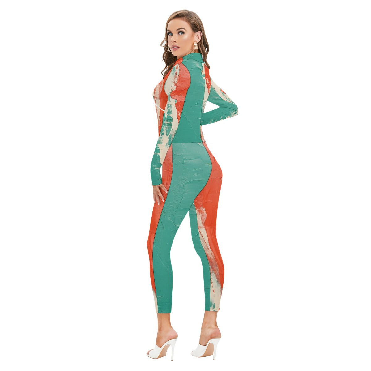 All-Over Print Women's Long-sleeved High-neck Jumpsuit With Zipper