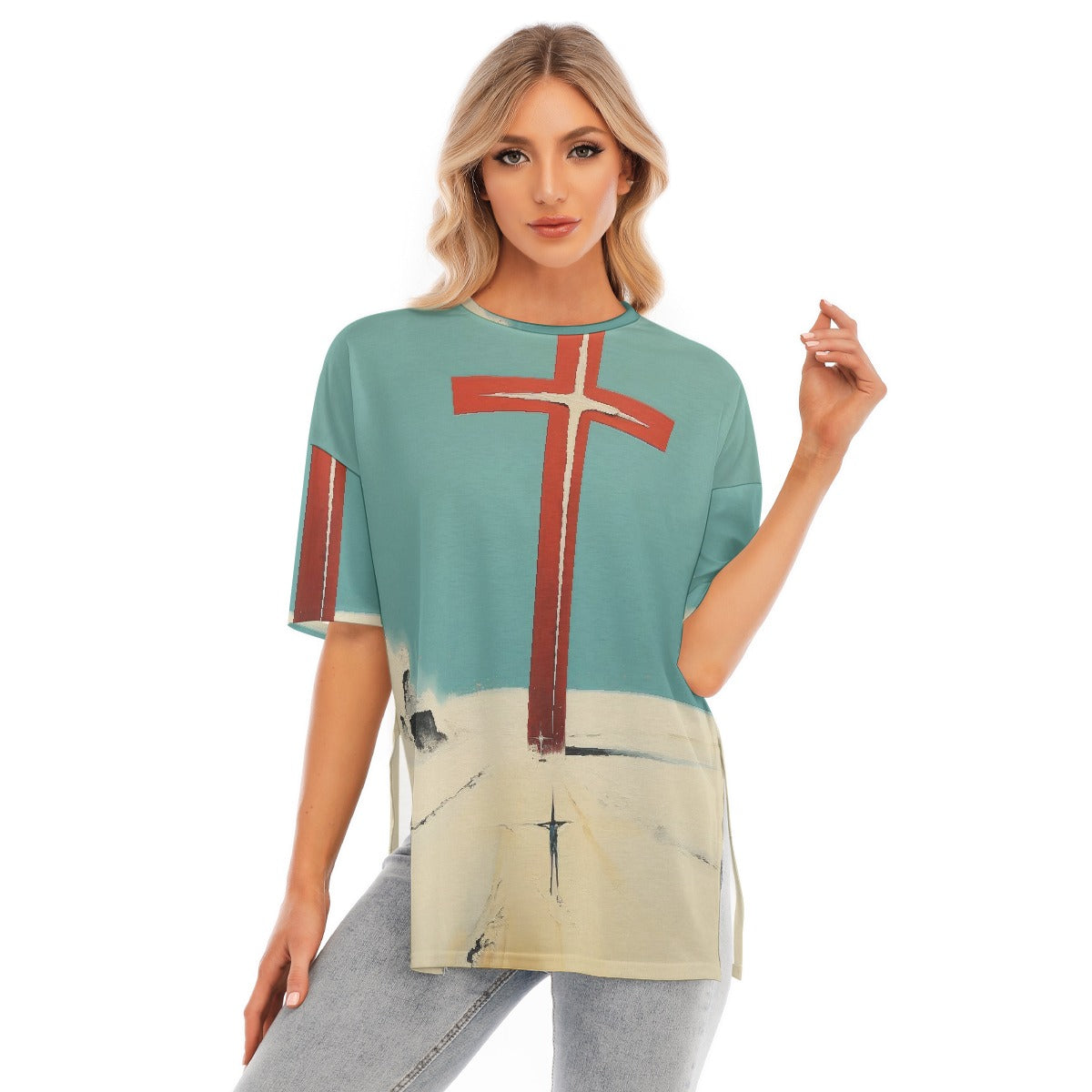 All-Over Print Women's Short Sleeves T-shirt With Hem Split