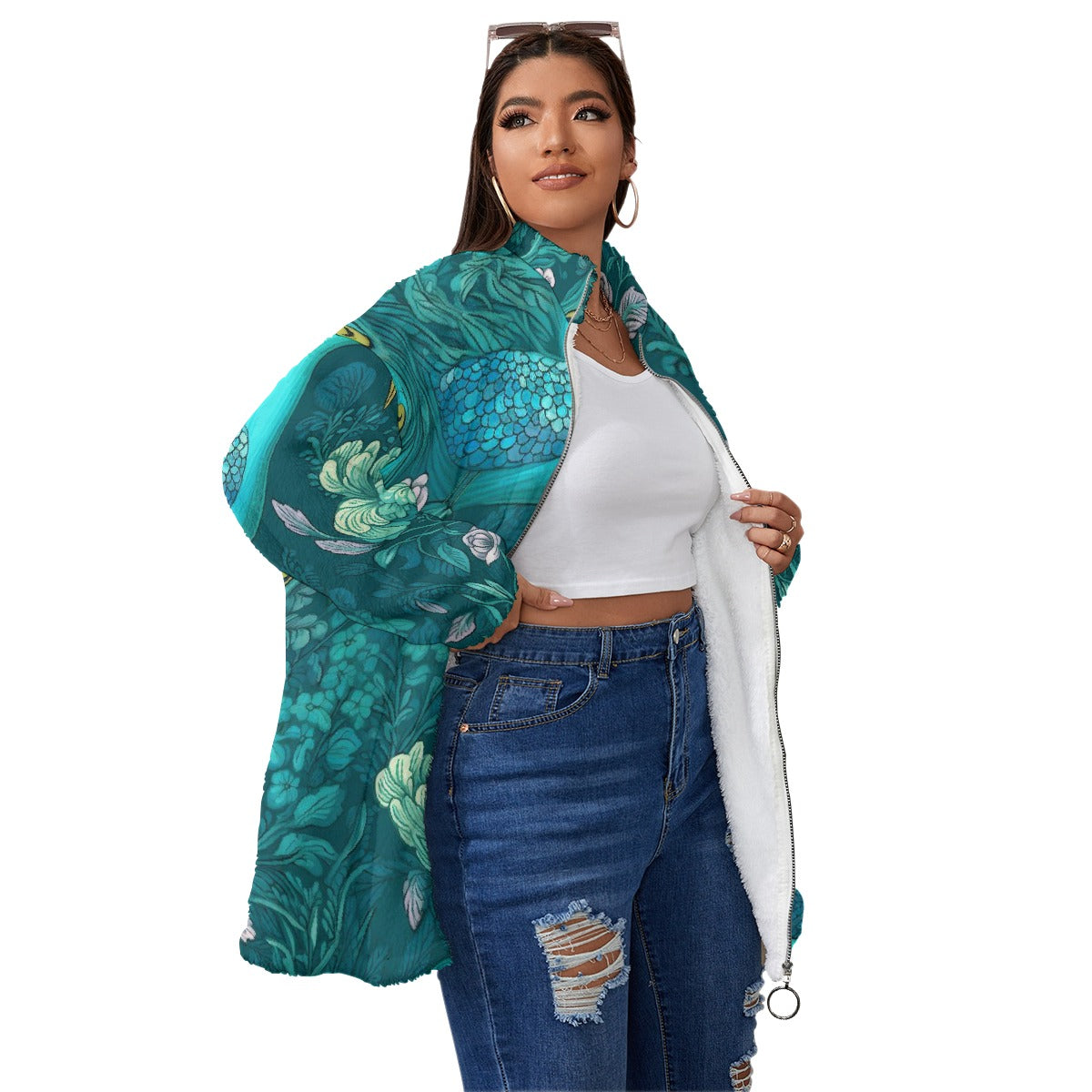 All-Over Print Unisex Borg Fleece Stand-up Collar Coat With Zipper Closure(Plus Size)