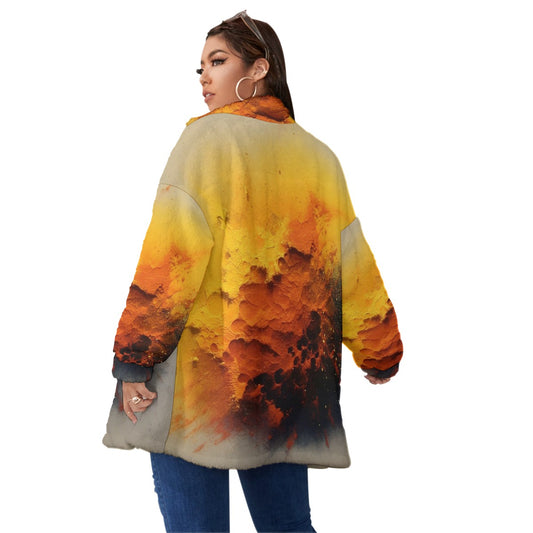 All-Over Print Unisex Borg Fleece Stand-up Collar Coat With Zipper Closure(Plus Size)