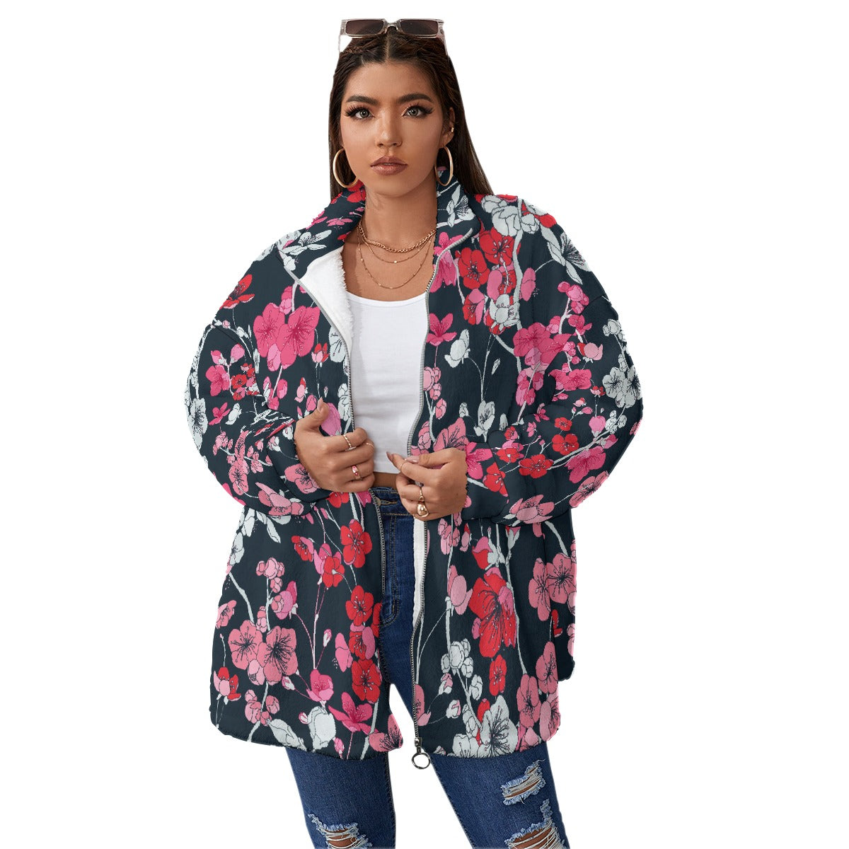 All-Over Print Unisex Borg Fleece Stand-up Collar Coat With Zipper Closure(Plus Size)
