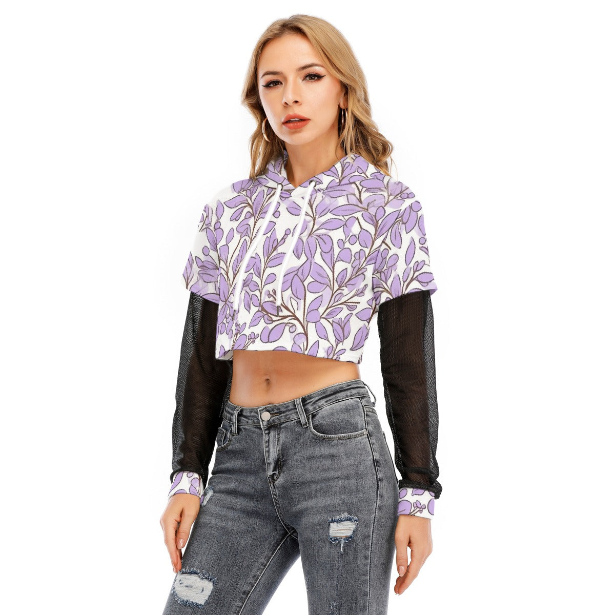 All-Over Print Women's Fake Two-piece Mesh Sleeve Cropped Hoodie