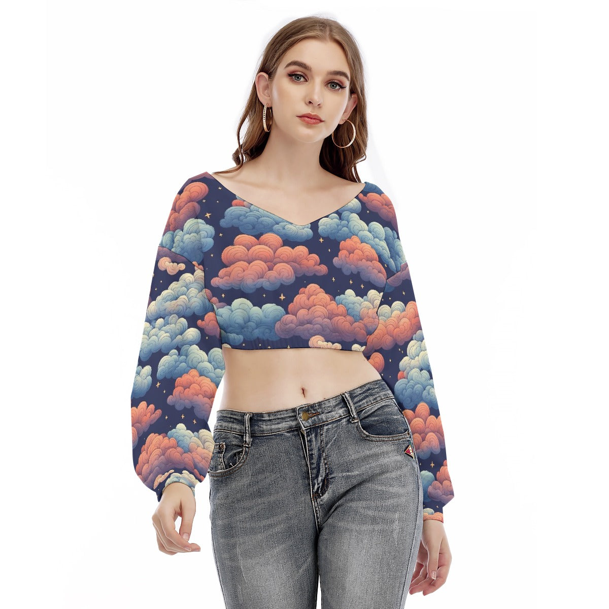 All-Over Print Women's V-neck Long Sleeve Cropped Sweatshirt
