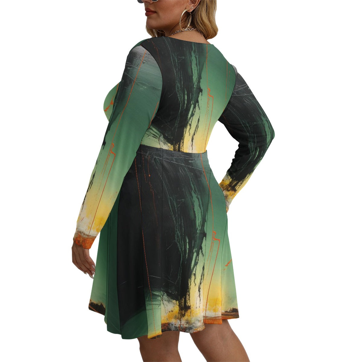 All-Over Print Women's V-neck Long Sleeve Dress(Plus Size)