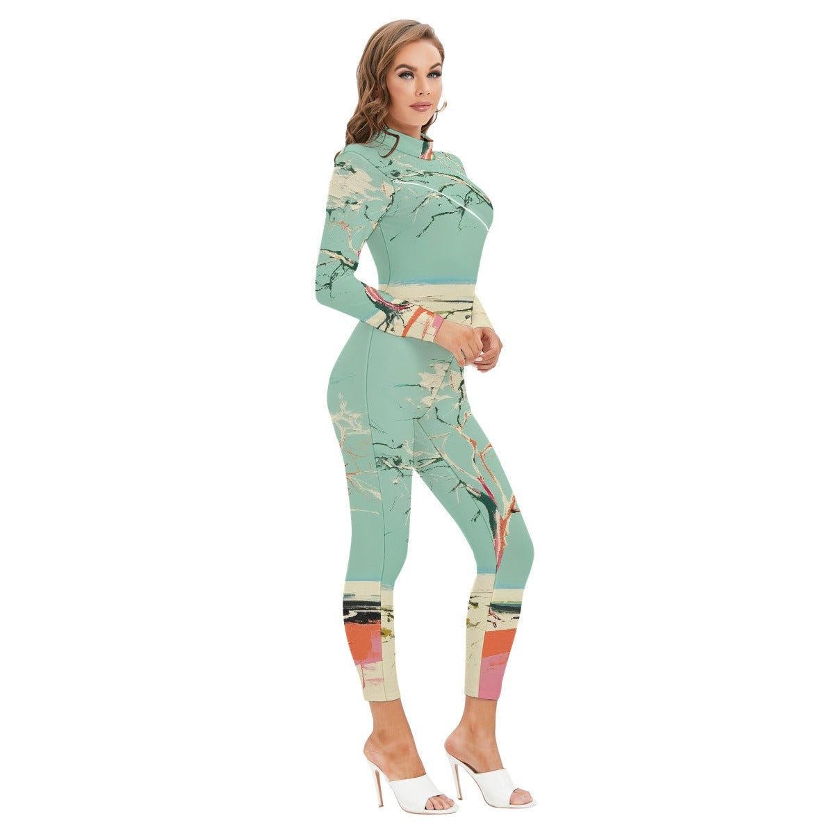 All-Over Print Women's Long-sleeved High-neck Jumpsuit With Zipper