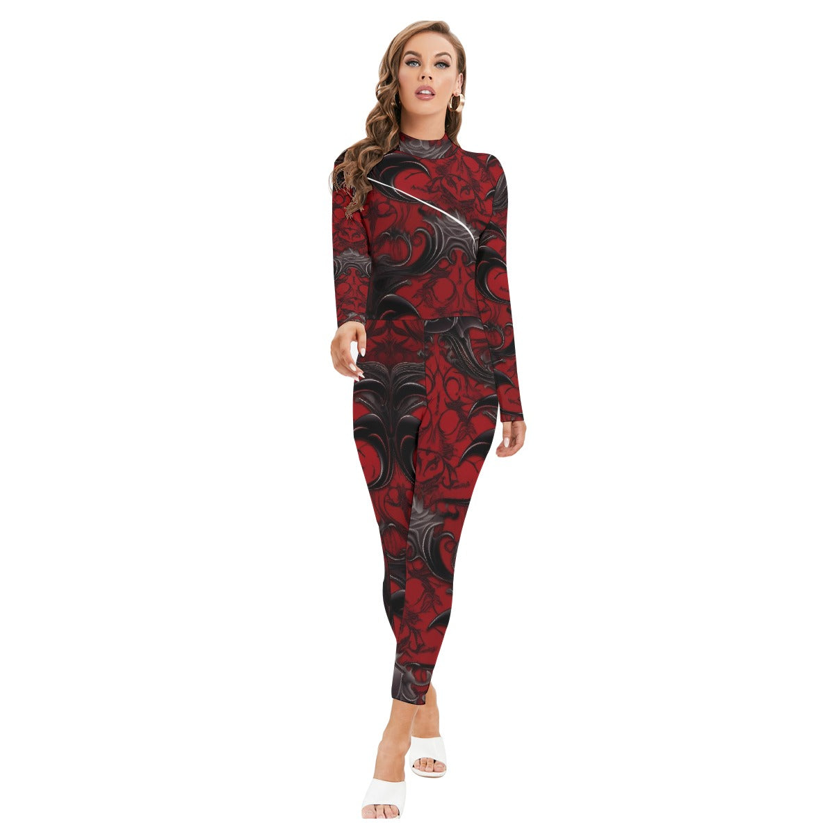 All-Over Print Women's Long-sleeved High-neck Jumpsuit With Zipper