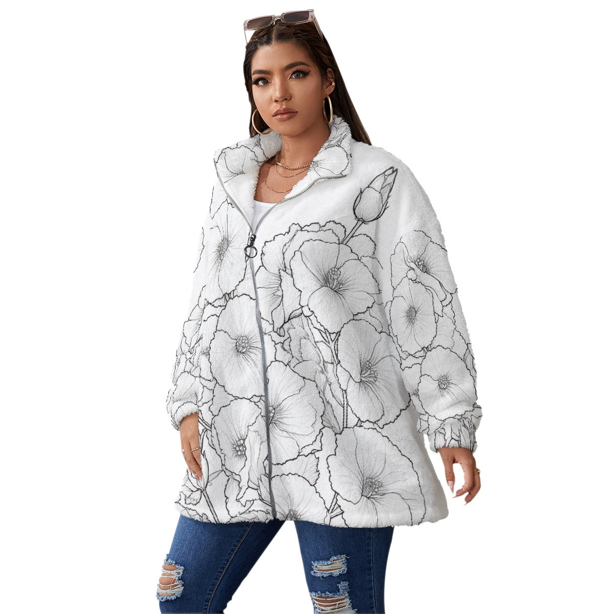 All-Over Print Unisex Borg Fleece Stand-up Collar Coat With Zipper Closure(Plus Size)
