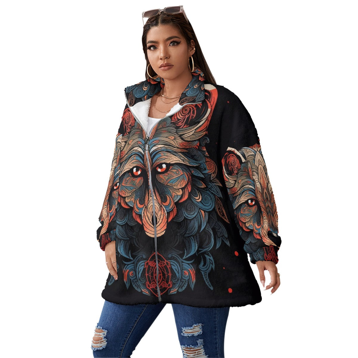 All-Over Print Unisex Borg Fleece Stand-up Collar Coat With Zipper Closure(Plus Size)