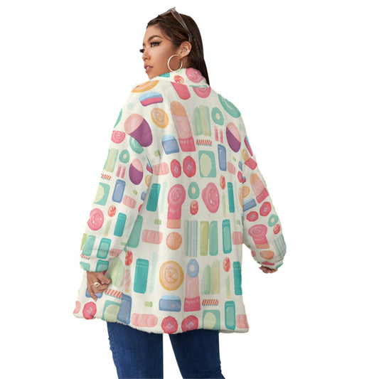 All-Over Print Unisex Borg Fleece Stand-up Collar Coat With Zipper Closure(Plus Size)