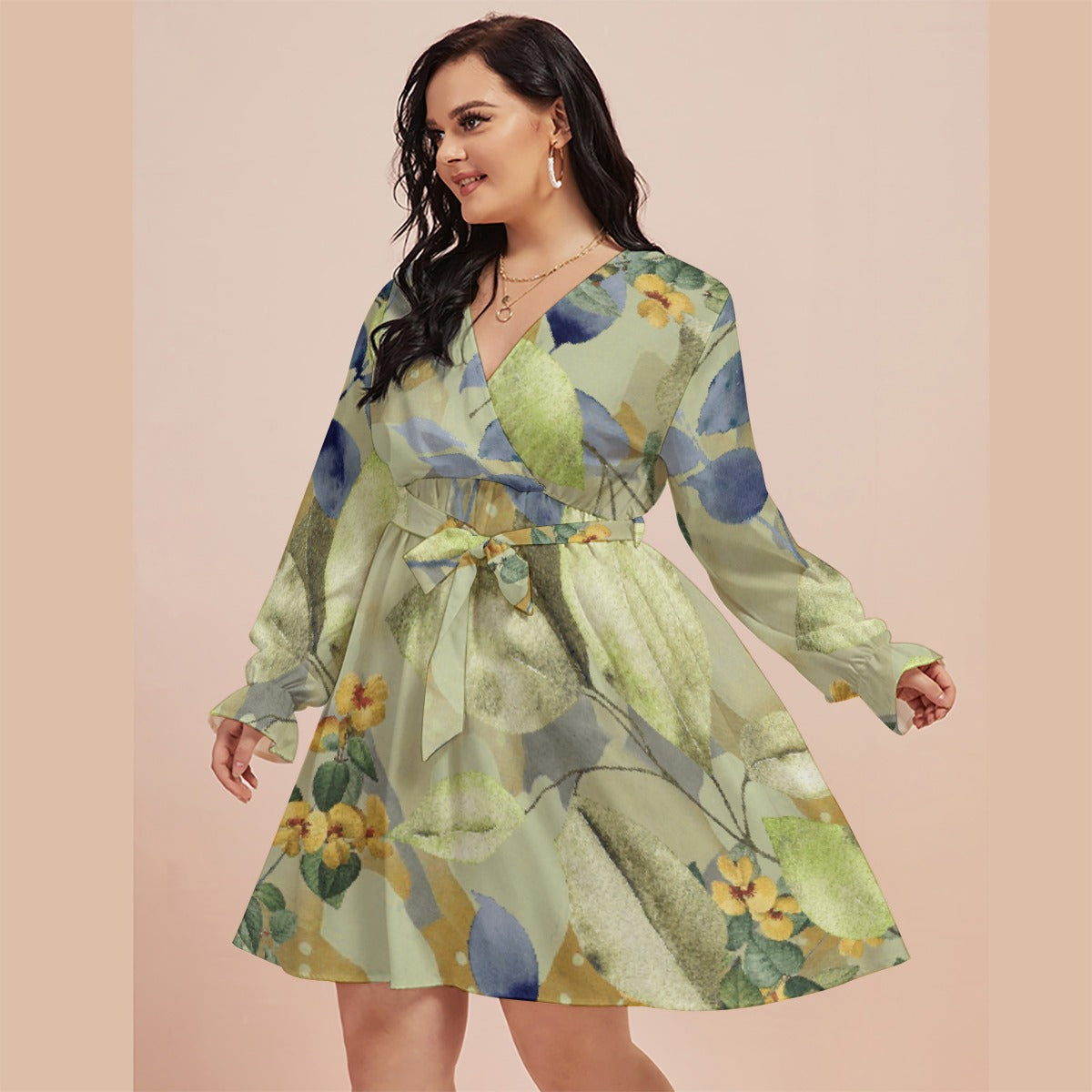 All-Over Print Women's V-neck Dress With Waistband(Plus Size)