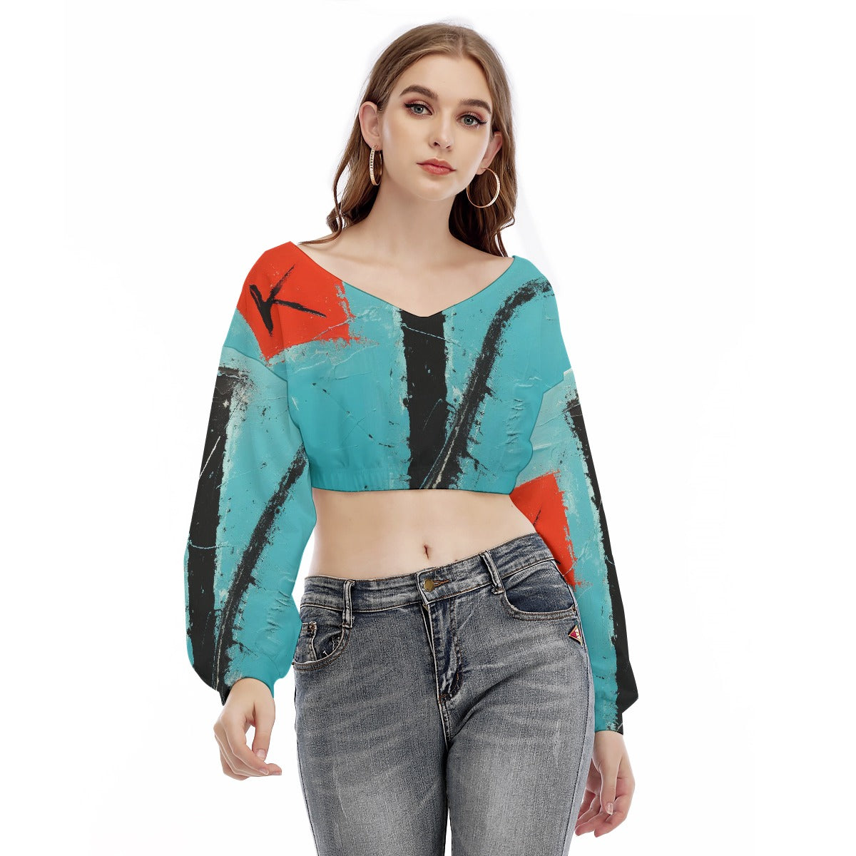 All-Over Print Women's V-neck Long Sleeve Cropped Sweatshirt