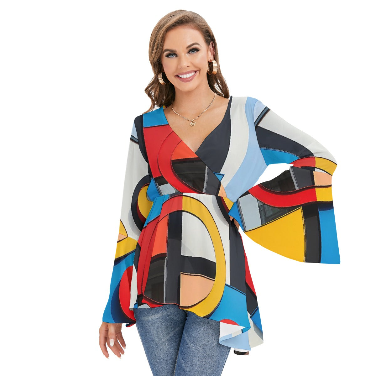All-Over Print Women's V-neck Blouse With Flared Sleeves