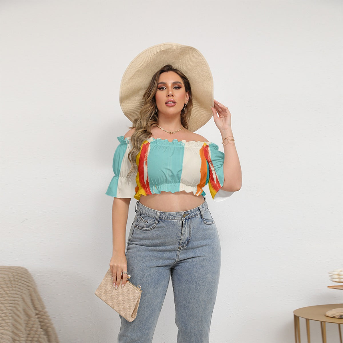 All-Over Print Women's Off-shoulder Cropped Top With Short Puff Sleeve