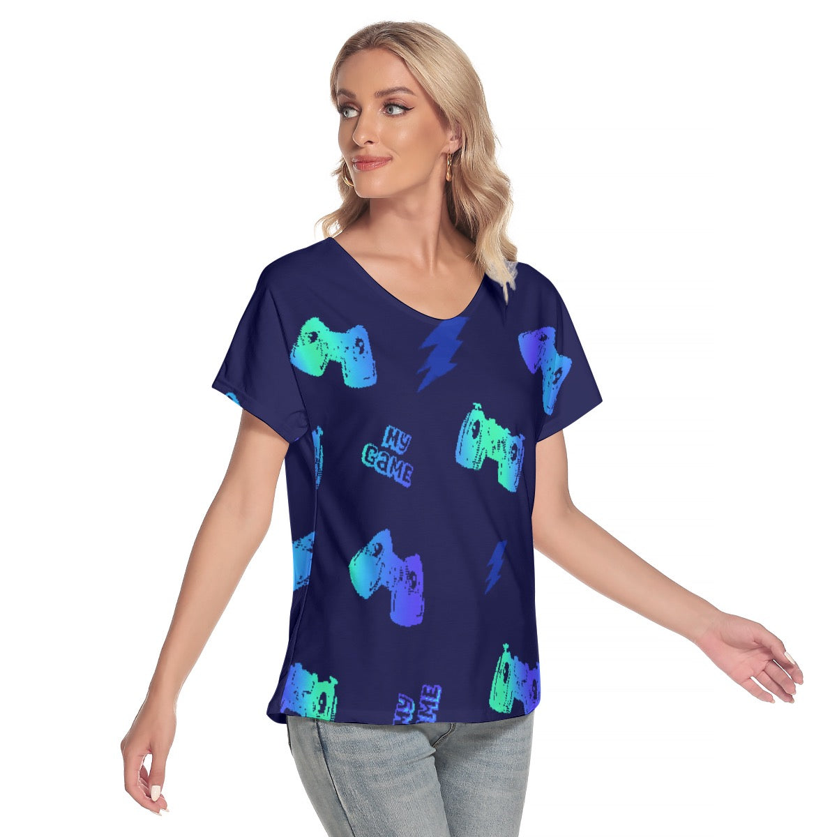 All-Over Print Women's Loose V-neck Short Sleeve T-shirt