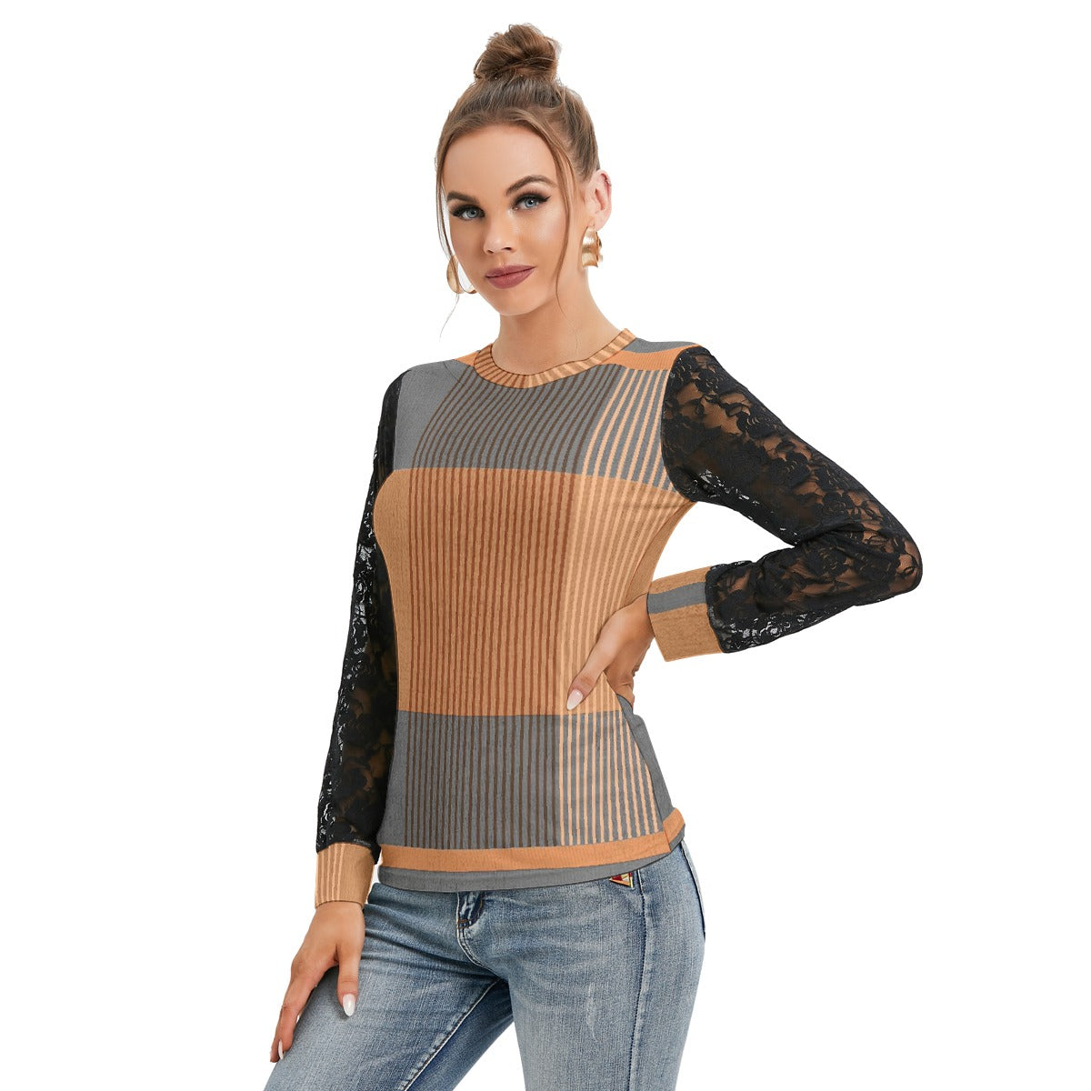 All-Over Print Women's T-shirt And Sleeve With Black Lace