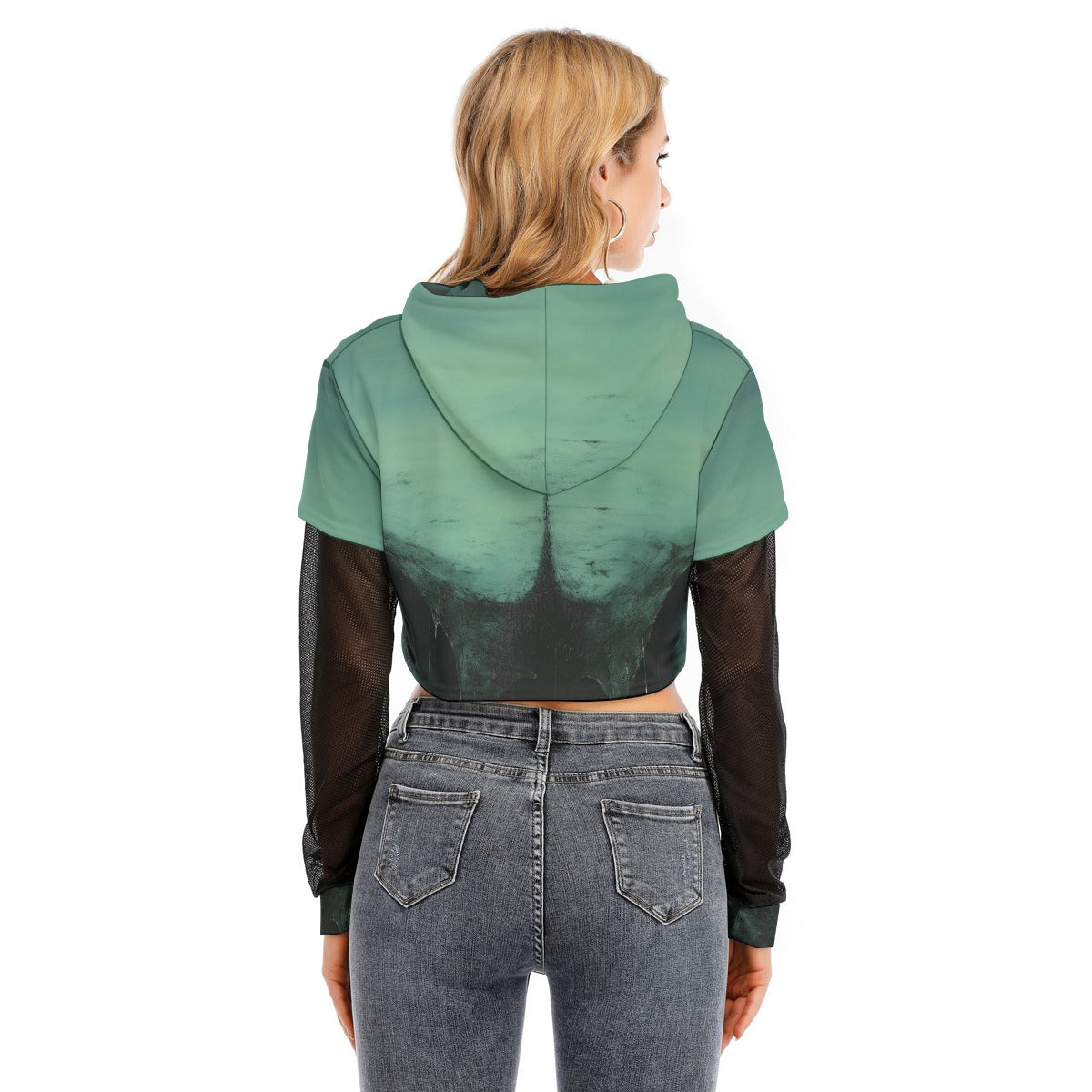 All-Over Print Women's Fake Two-piece Mesh Sleeve Cropped Hoodie