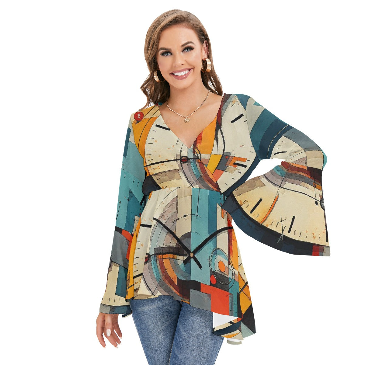 All-Over Print Women's V-neck Blouse With Flared Sleeves