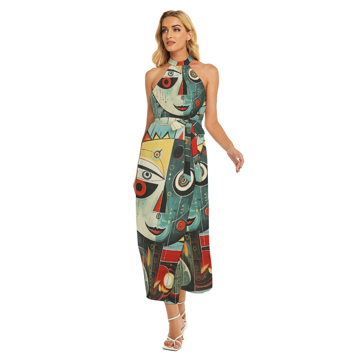 All-Over Print Women's Wrap Hem Belted Halter Dress
