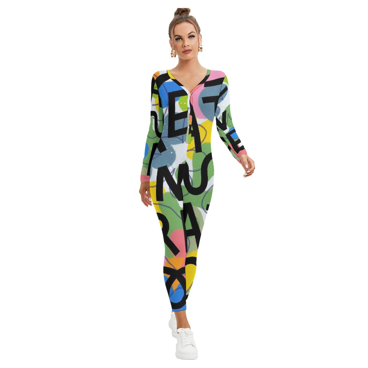 All-Over Print Women's Plunging Neck Jumpsuit