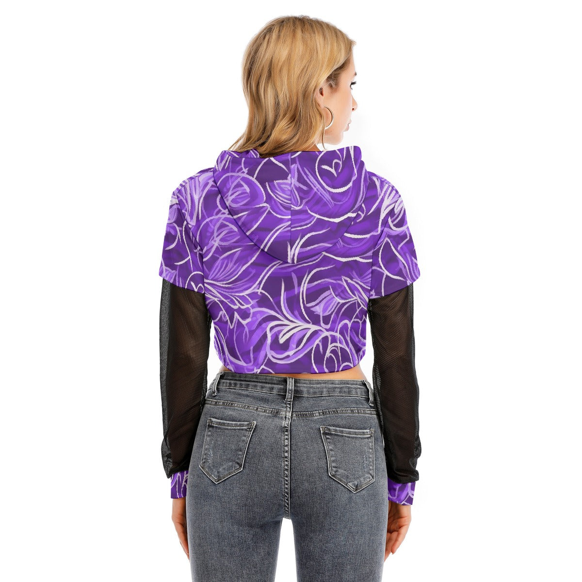 All-Over Print Women's Fake Two-piece Mesh Sleeve Cropped Hoodie