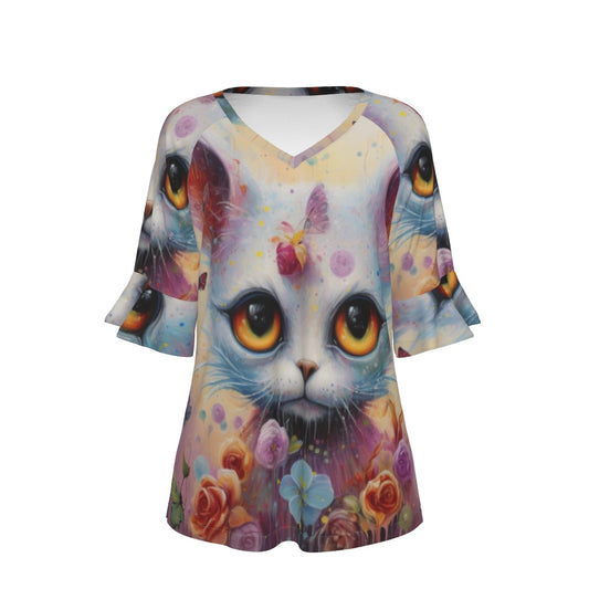 All-Over Print V-neck Women's T-shirt With Bell Sleeve