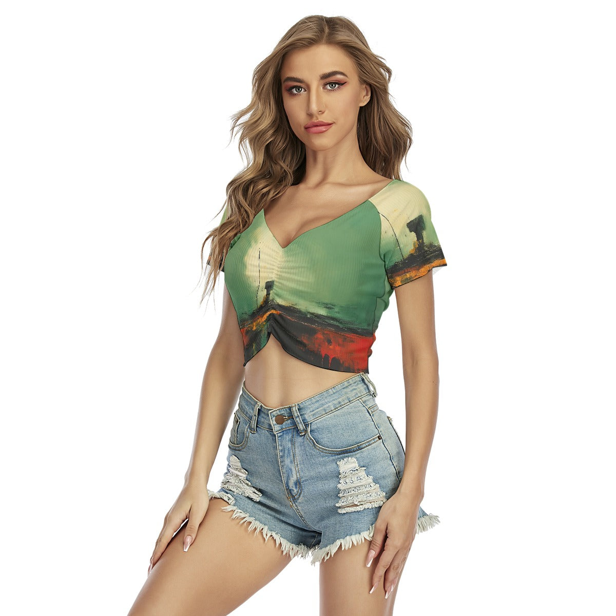 All-Over Print Women's Raglan Drawstring Front  Crop Tee