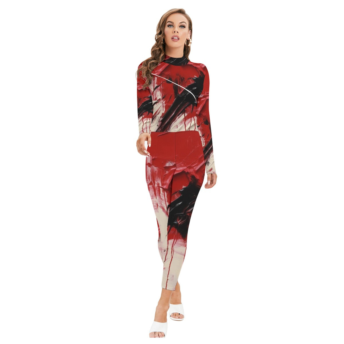 All-Over Print Women's Long-sleeved High-neck Jumpsuit With Zipper