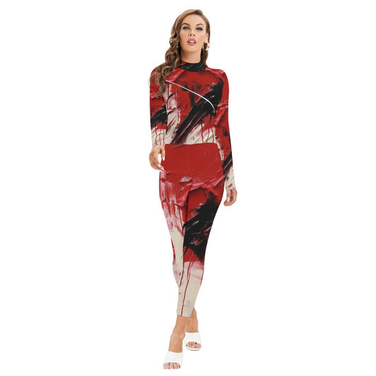 All-Over Print Women's Long-sleeved High-neck Jumpsuit With Zipper