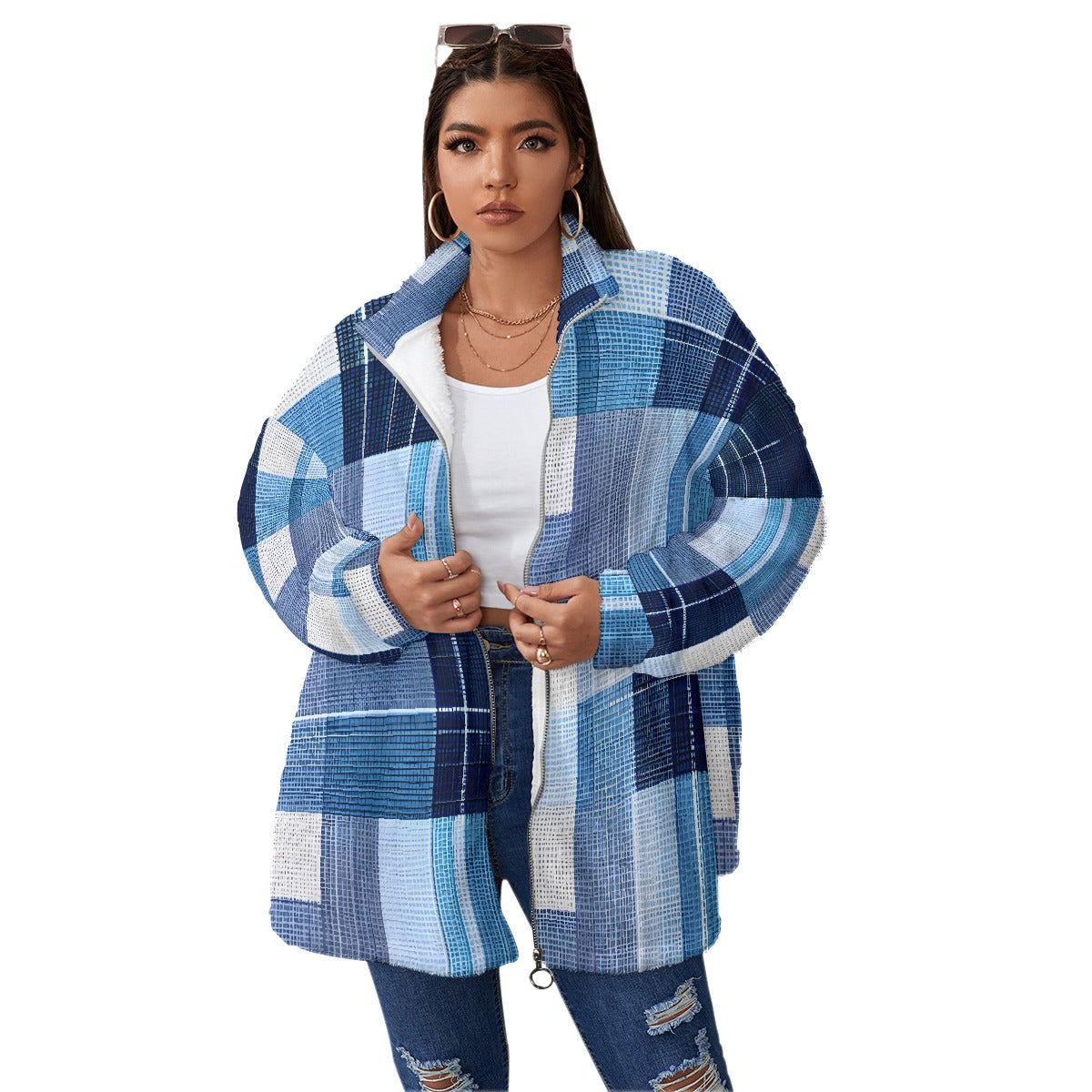 All-Over Print Unisex Borg Fleece Stand-up Collar Coat With Zipper Closure(Plus Size)