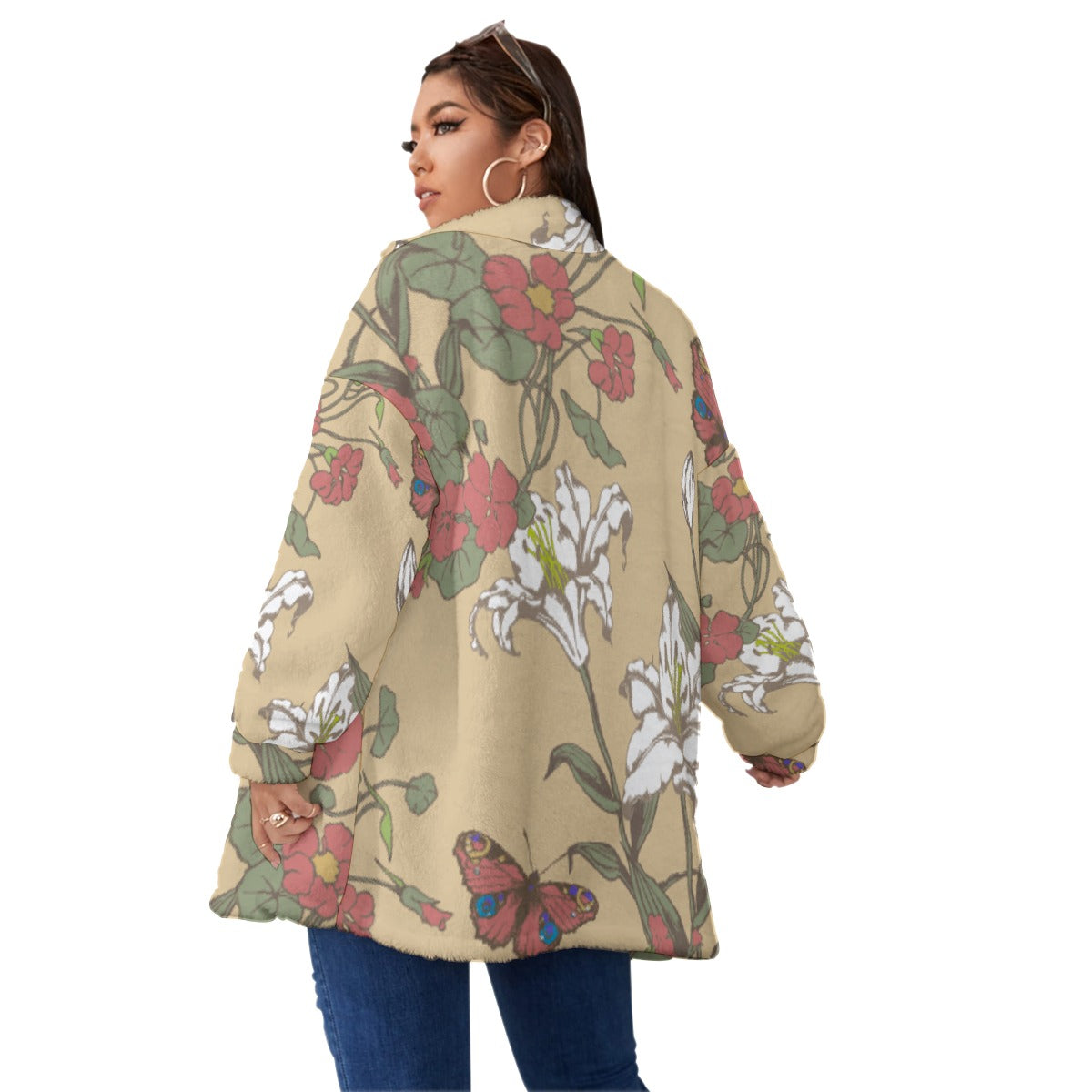 All-Over Print Unisex Borg Fleece Stand-up Collar Coat With Zipper Closure(Plus Size)