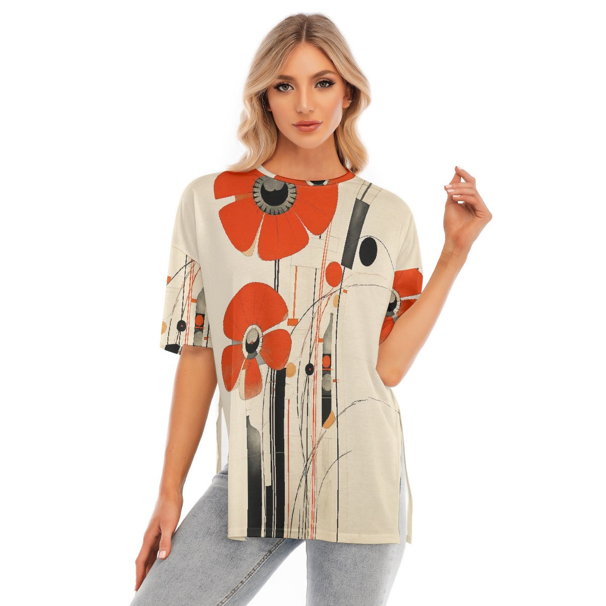 All-Over Print Women's Short Sleeves T-shirt With Hem Split