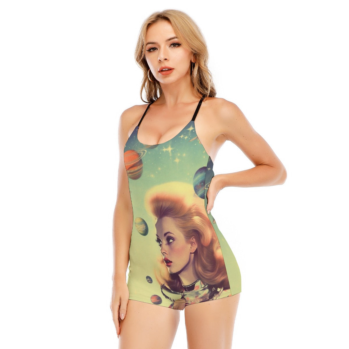 All-Over Print Women's Backless Romper With Black Straps