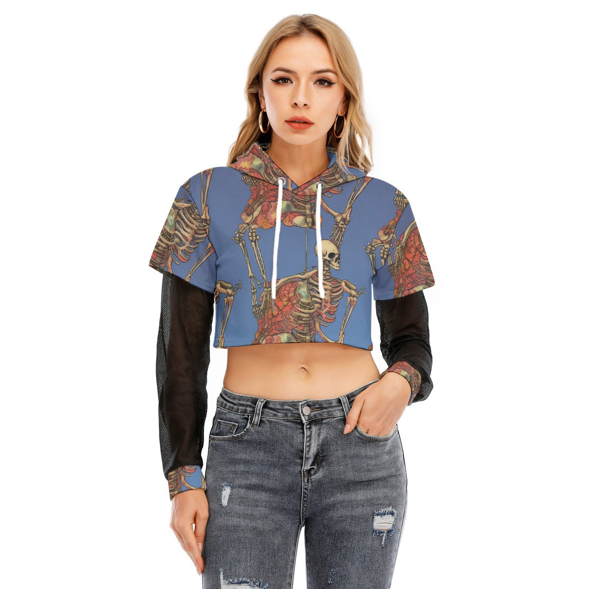 All-Over Print Women's Fake Two-piece Mesh Sleeve Cropped Hoodie