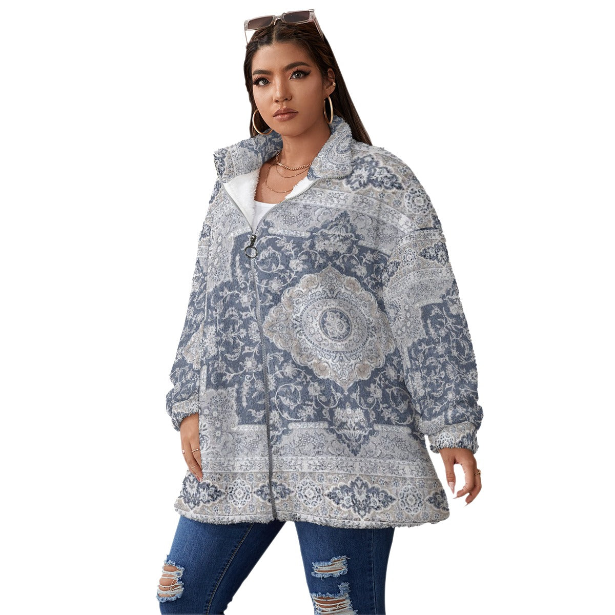 All-Over Print Unisex Borg Fleece Stand-up Collar Coat With Zipper Closure(Plus Size)