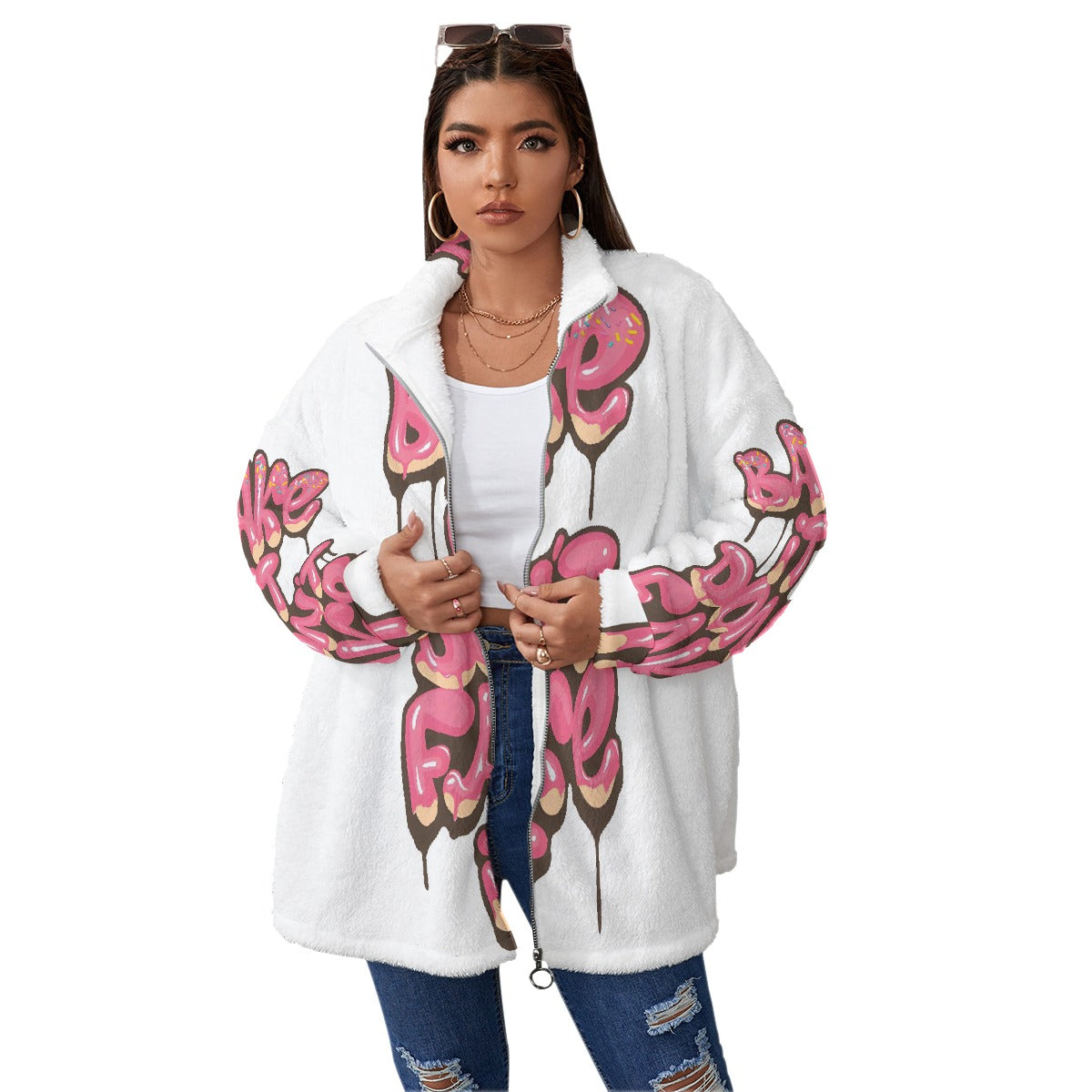 All-Over Print Unisex Borg Fleece Stand-up Collar Coat With Zipper Closure(Plus Size)