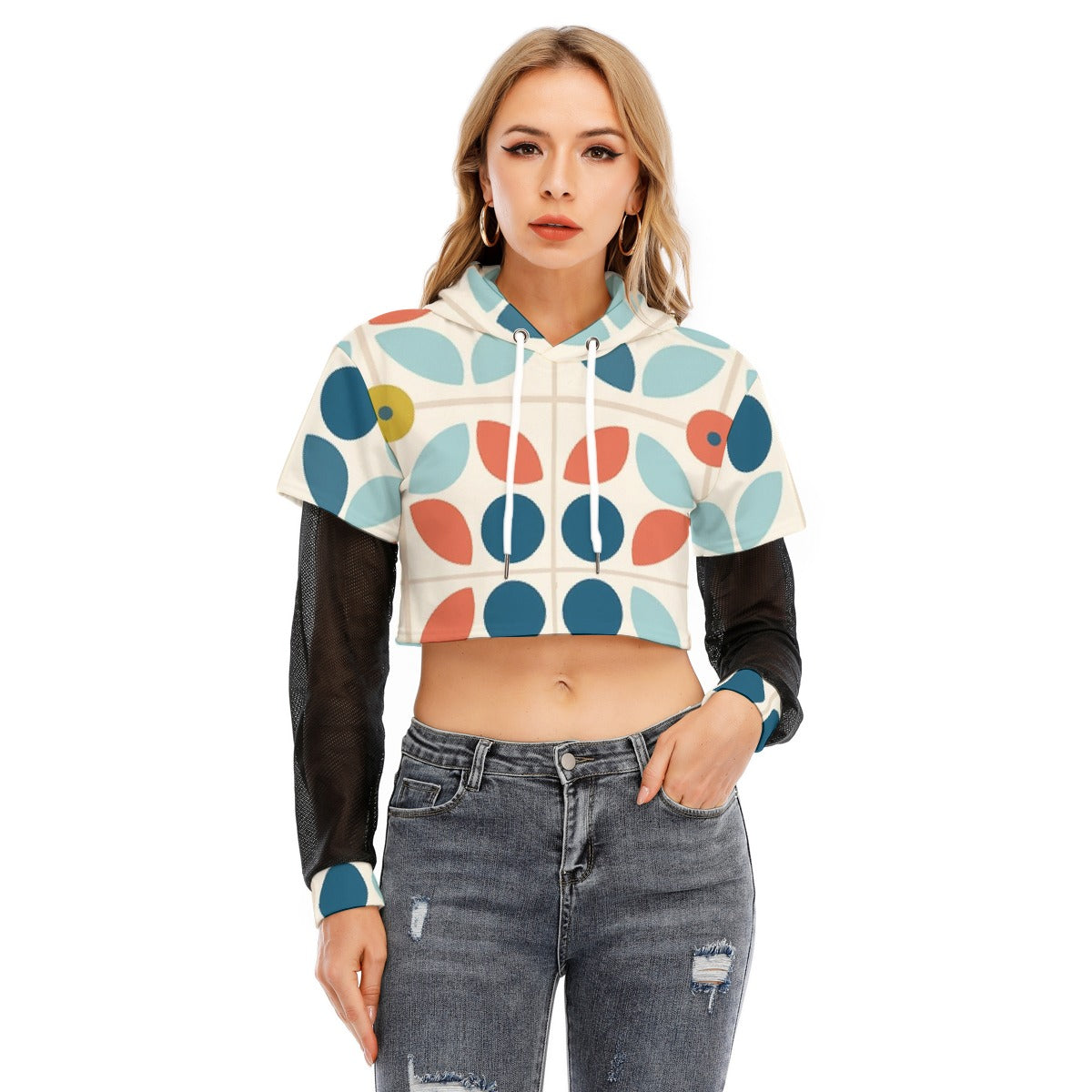 All-Over Print Women's Fake Two-piece Mesh Sleeve Cropped Hoodie