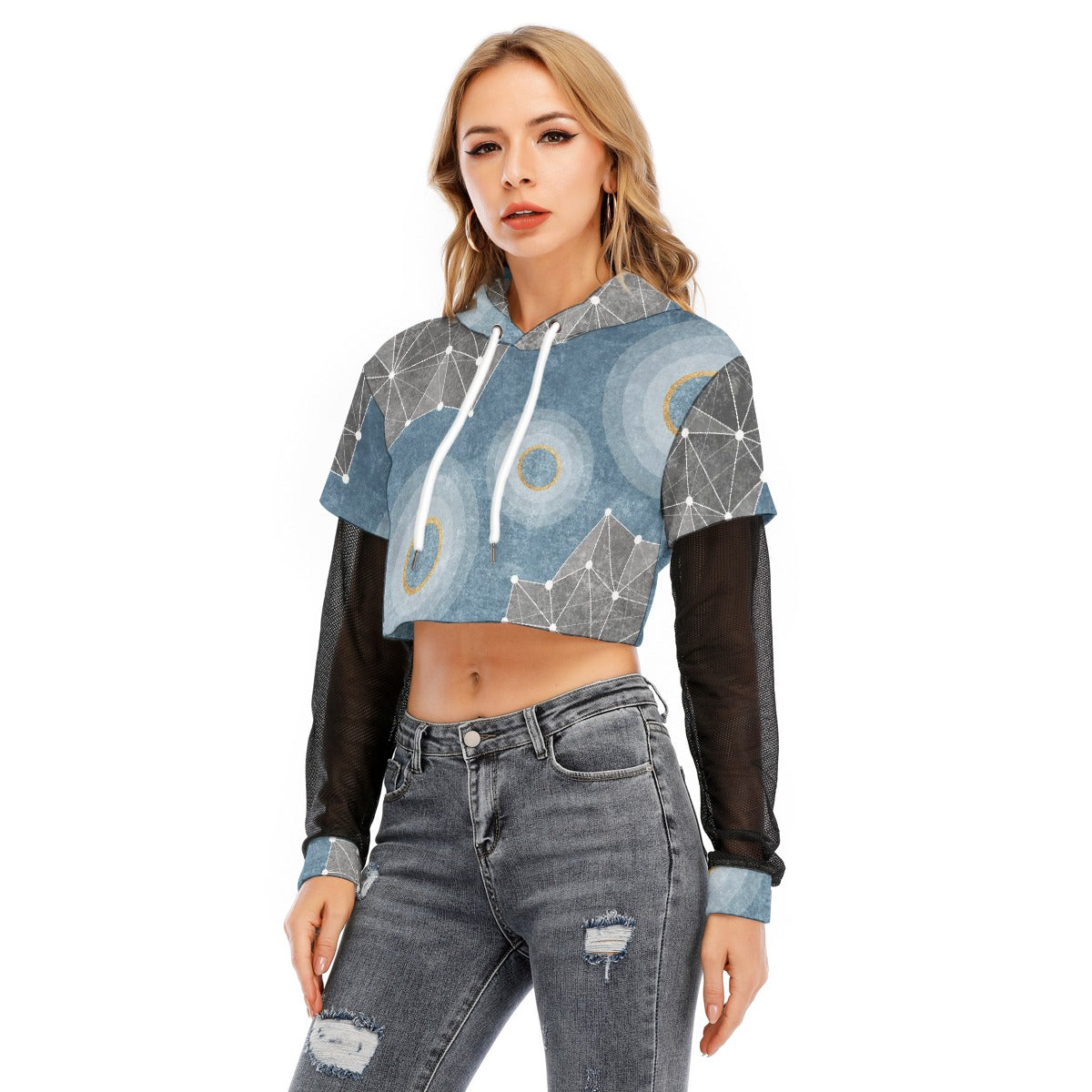 All-Over Print Women's Fake Two-piece Mesh Sleeve Cropped Hoodie