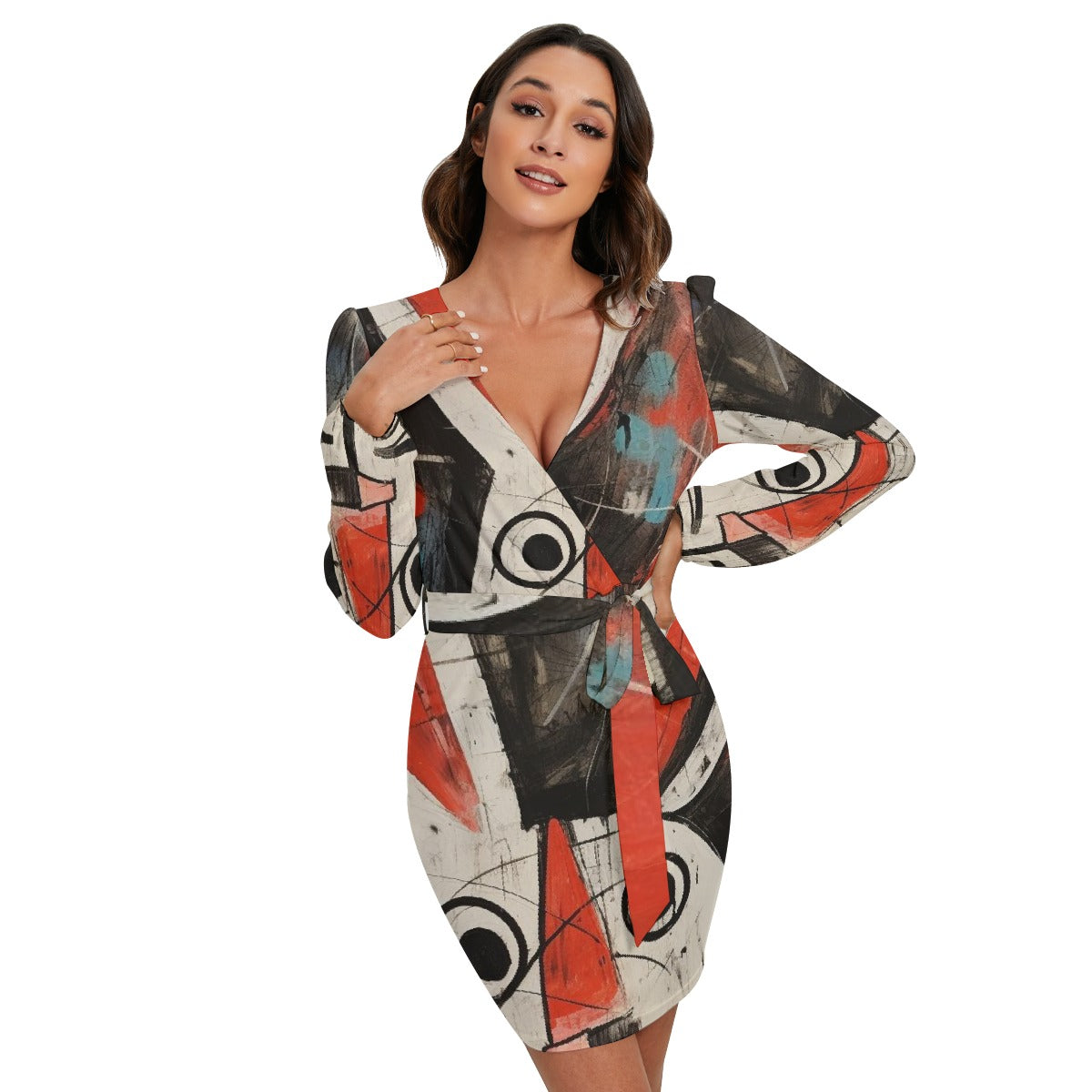 All-Over Print Women's Long Sleeve Dress With Waist Belt