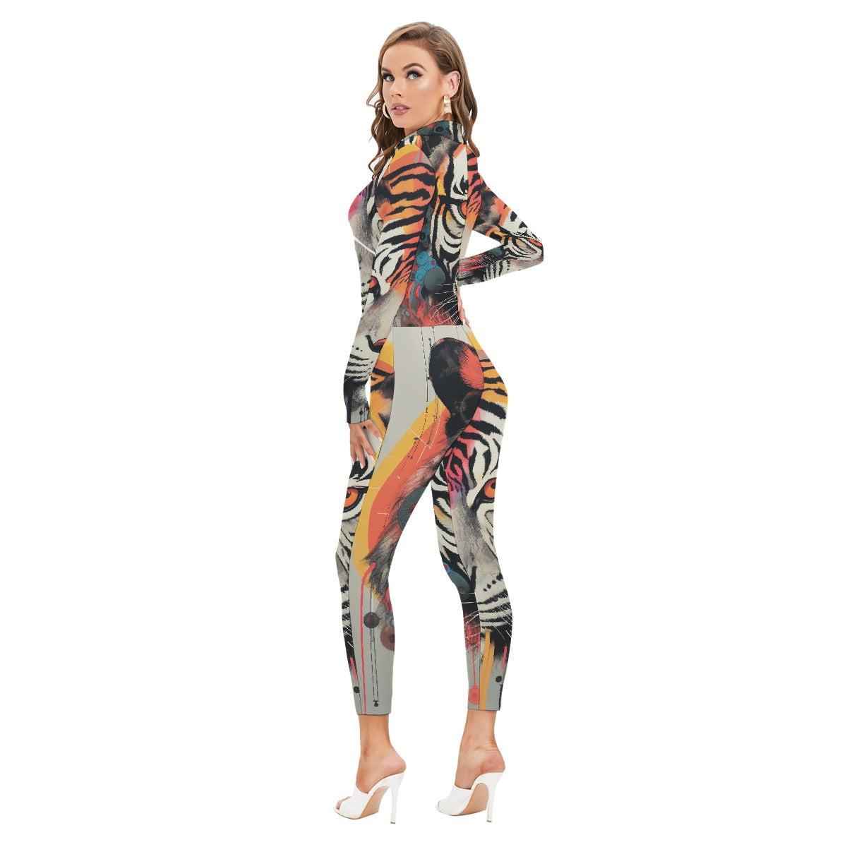 All-Over Print Women's Long-sleeved High-neck Jumpsuit With Zipper