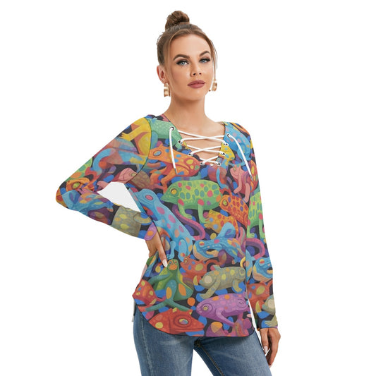 All-Over Print Women's Long Sleeve Neckline Tie Sweatshirt
