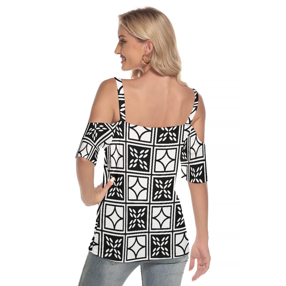 All-Over Print Women's Cold Shoulder T-shirt With Criss Cross Strips