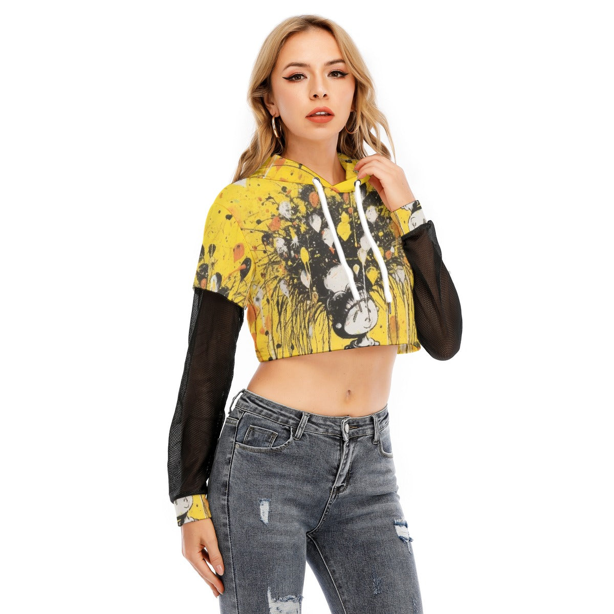 All-Over Print Women's Fake Two-piece Mesh Sleeve Cropped Hoodie