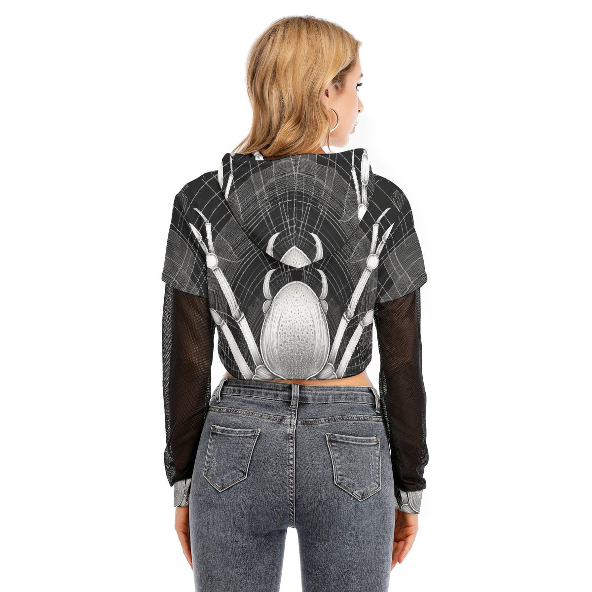 All-Over Print Women's Fake Two-piece Mesh Sleeve Cropped Hoodie