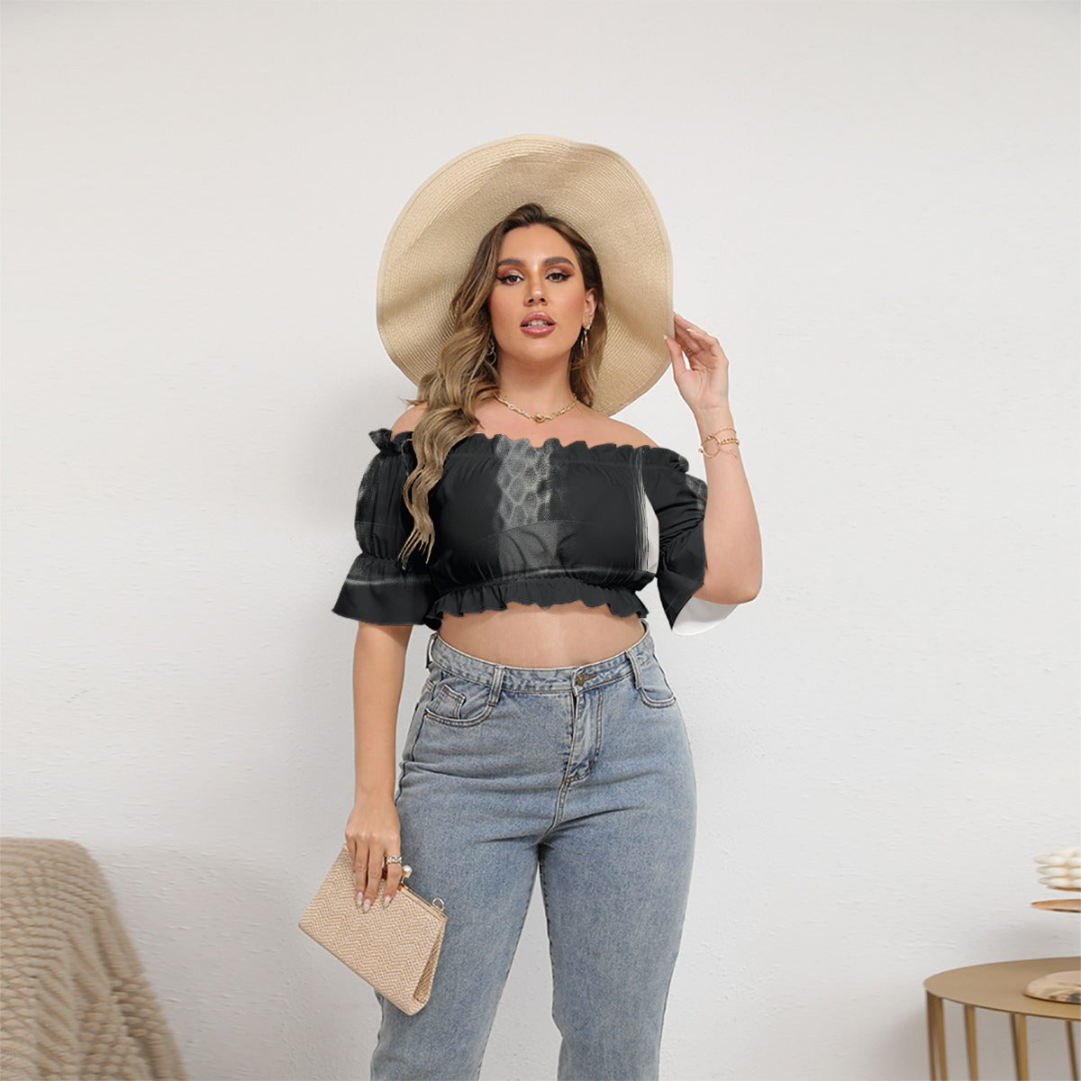 All-Over Print Women's Off-shoulder Cropped Top With Short Puff Sleeve