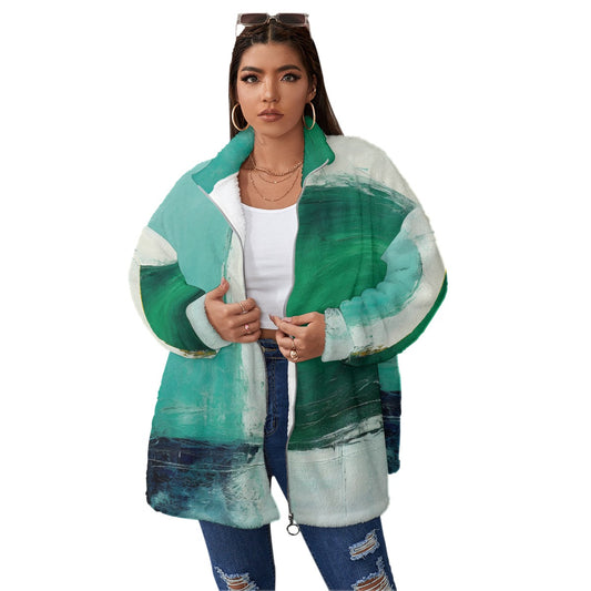 All-Over Print Unisex Borg Fleece Stand-up Collar Coat With Zipper Closure(Plus Size)