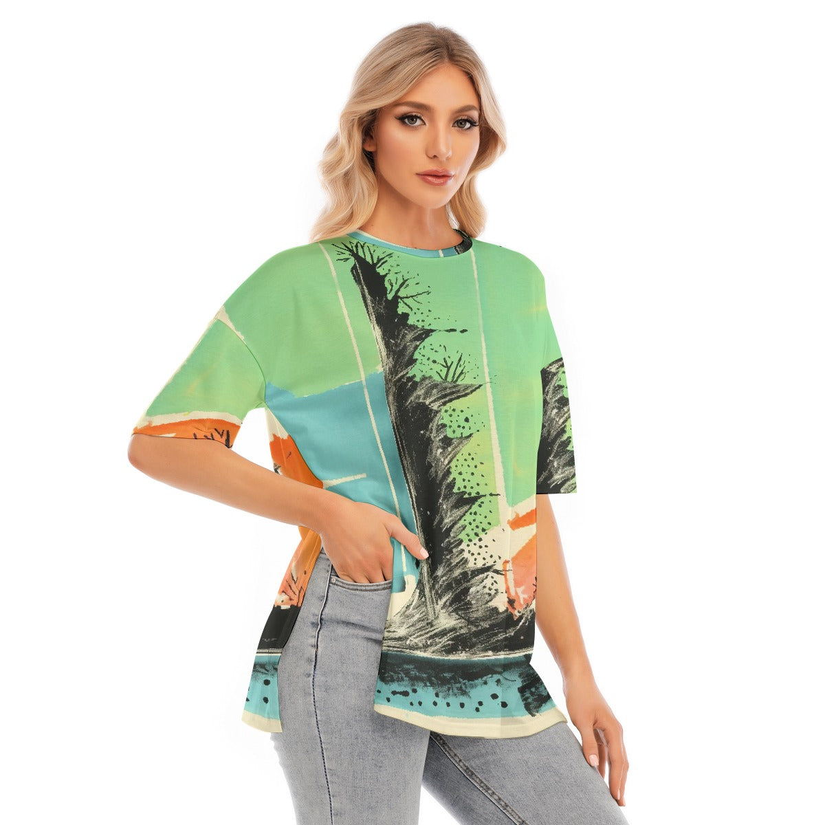 All-Over Print Women's Short Sleeves T-shirt With Hem Split