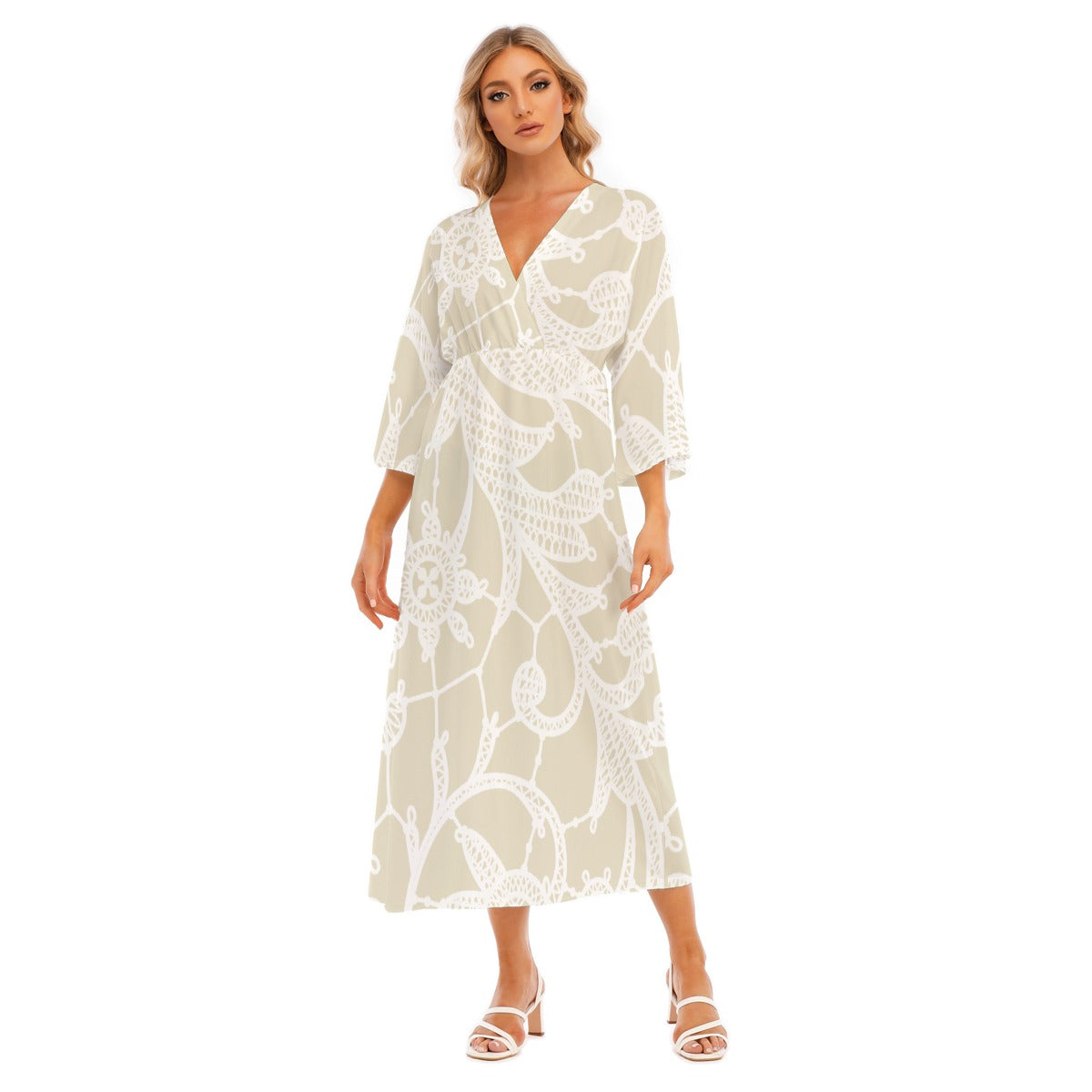 All-Over Print Women's Mid-Sleeve Long Dress