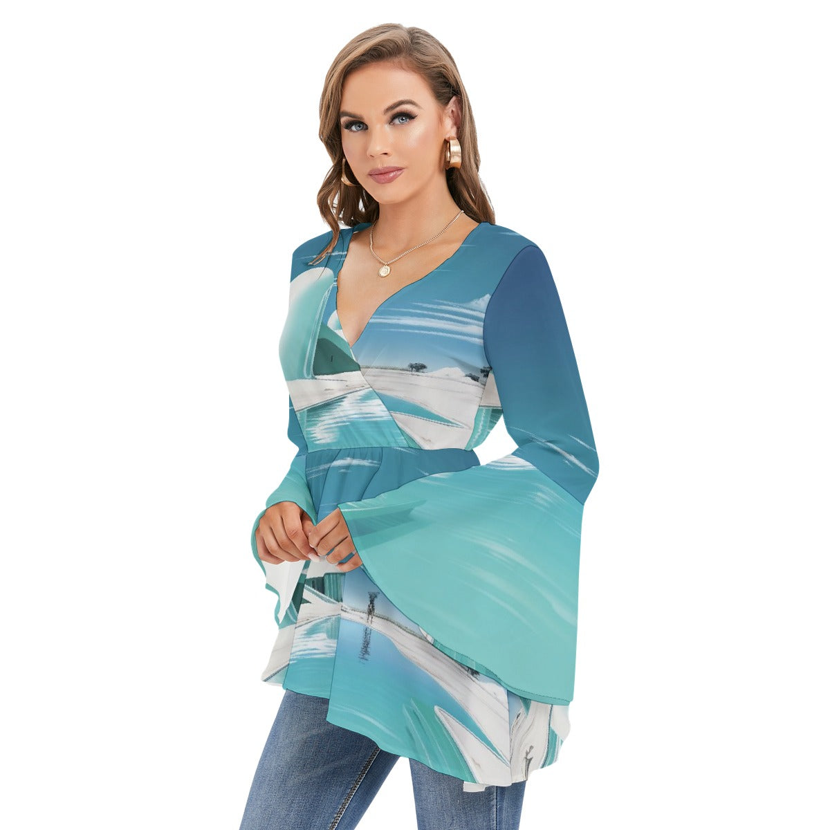 All-Over Print Women's V-neck Blouse With Flared Sleeves