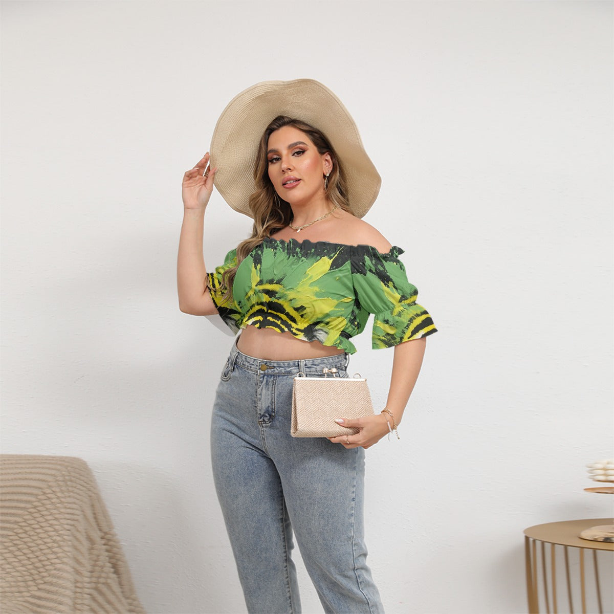 All-Over Print Women's Off-shoulder Cropped Top With Short Puff Sleeve