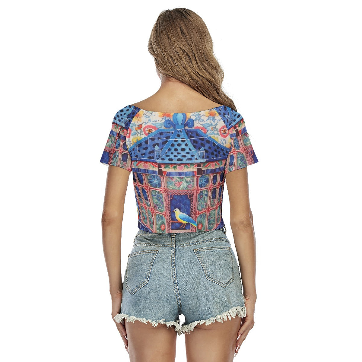 All-Over Print Women's Raglan Drawstring Front  Crop Tee